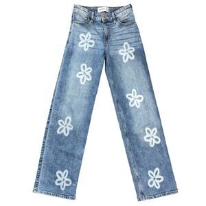 Abercrombie Kids Wide Leg Jeans Floral White Bleach Design Distressed 13/14